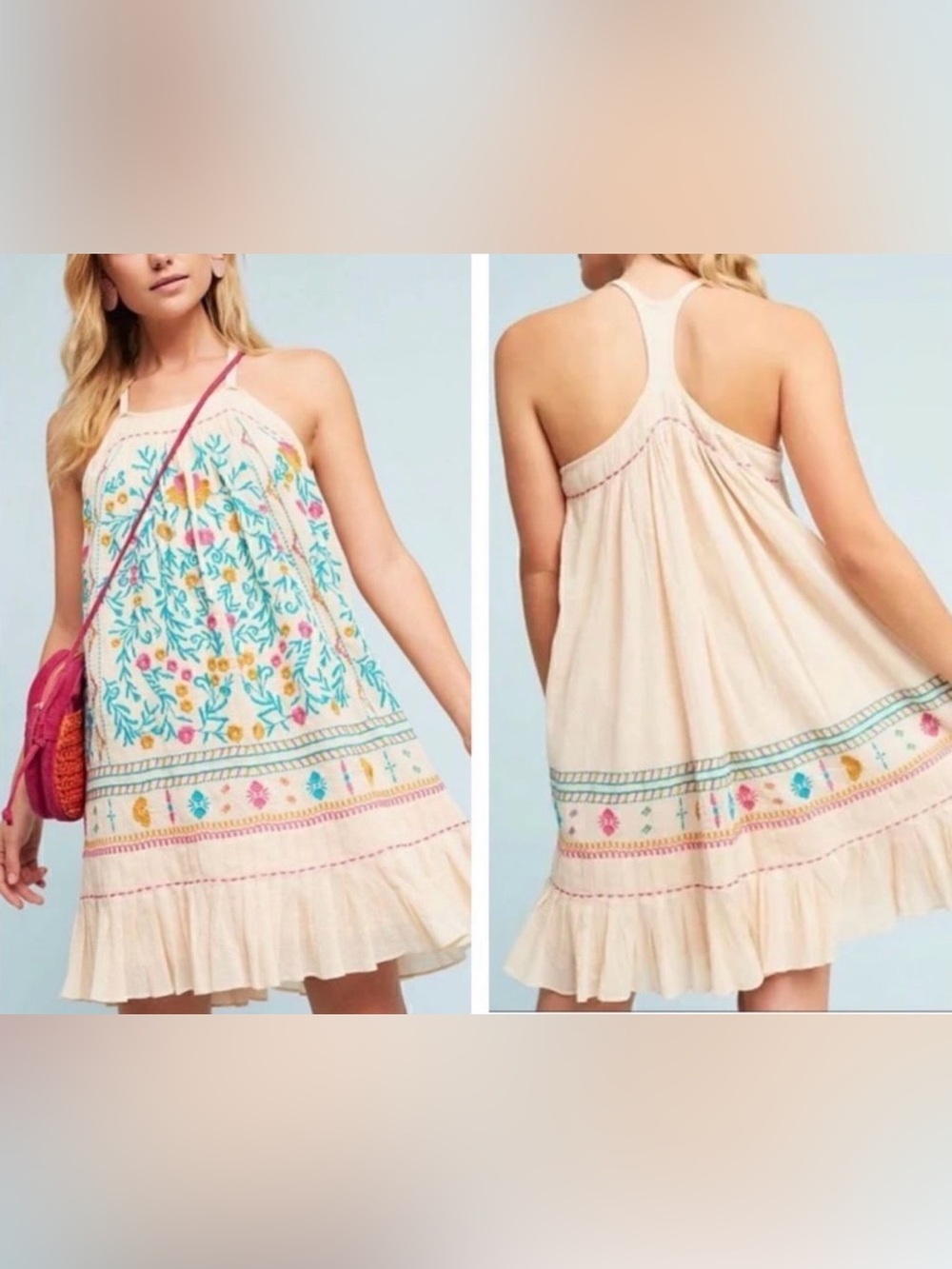 Anthropologie Akemi + Kin Cream Embroidered Ruffle Racer Back Cotton Dress—0P
